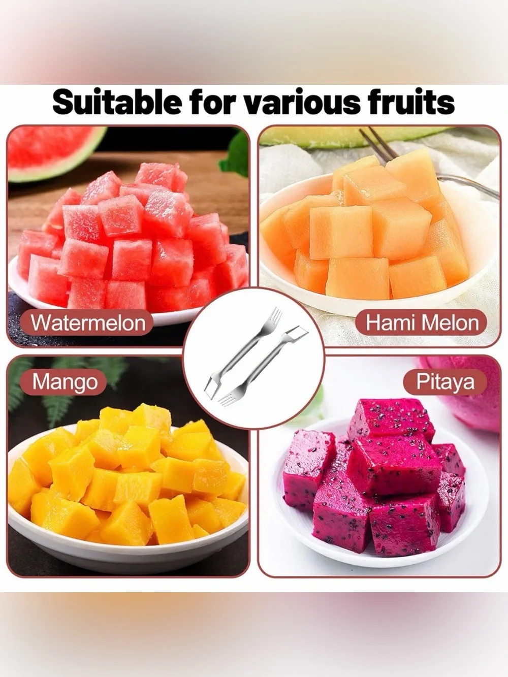 Stainless Steel Watermelon Cube Cutter & Fork - Silver